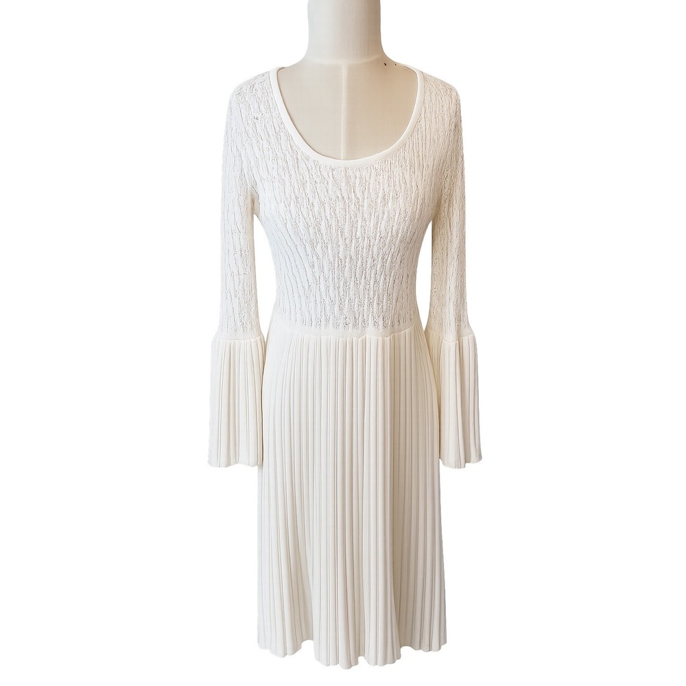 Sundance Crochet Dress Sz M Knit Bell Sleeve Pleated Cream Ivory Silk Blend READ